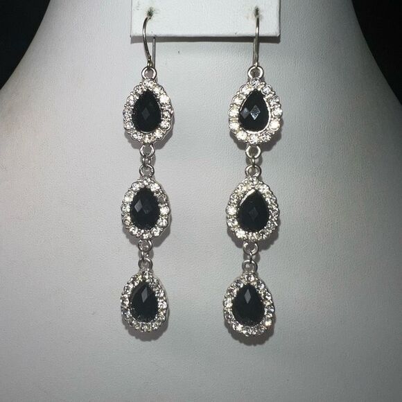 Silver Tone Black Crystal Pear Halo Dangle Earrings - Picture 3 of 7